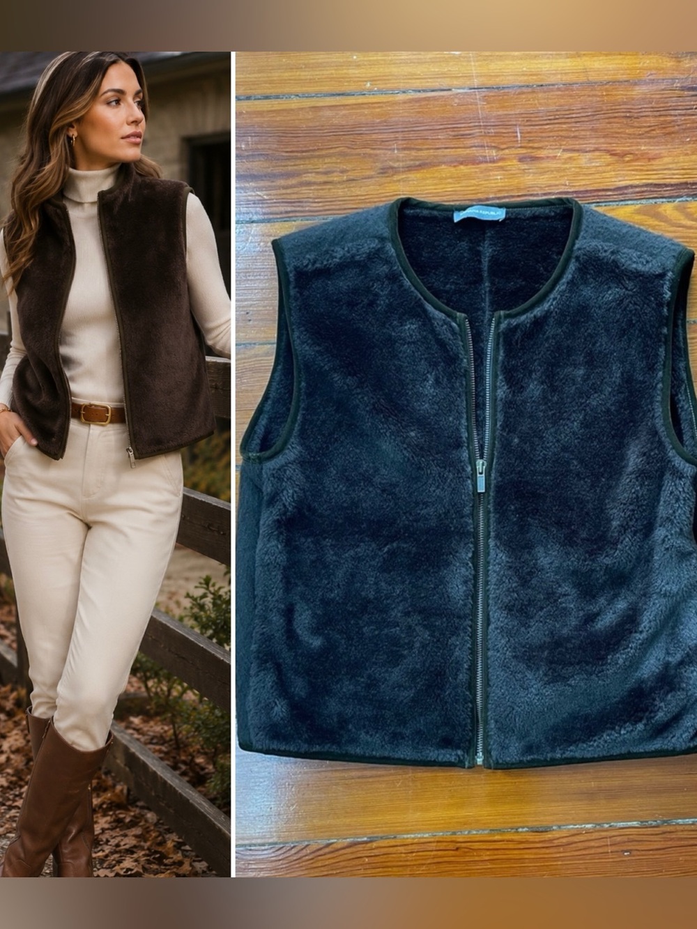 Vintage Y2K Banana Republic Faux Fur Full Zip Vest Espresso Brown Women’s L💛🎀